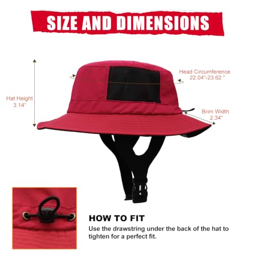 Surblue Surf Bucket Hat with Widened Chin Straps UPF 50+ Windproof Sun Hat Adjustable Packable Cap for Water Sports Surfing - color: Red