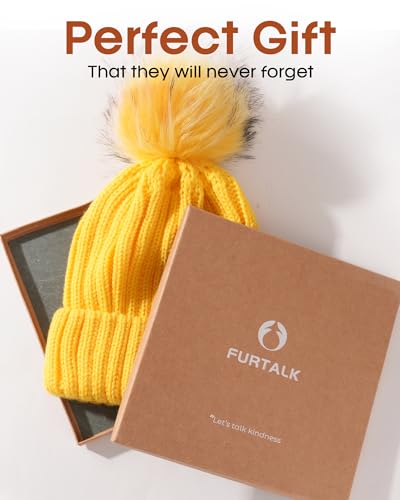 FURTALK Womens Winter Knitted Beanie Hat with Faux Fur Pom Warm Knit Skull Cap Beanie for Women - color: Yellow With Yellow Pom