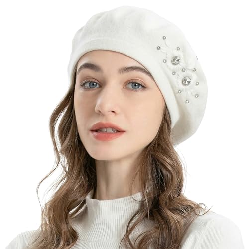 ZLYC Women French Beret Hat Reversible Solid Color Mosaic Warm Artist Cap - color: Embroidered Flowers White