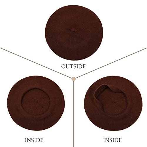 Women French Wool Beret Hats - Solid Color Classic Beanie Winter Cap - color: Brown