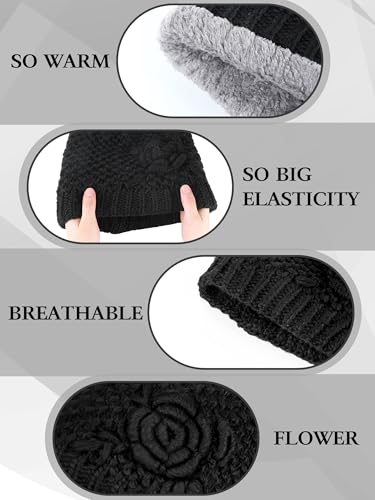 Bencailor 4 Pcs Winter Hats for Women Floral Knitted Beanie Warm Ladies Caps Flannelette Lined Middle Aged and Old Women - color: Black