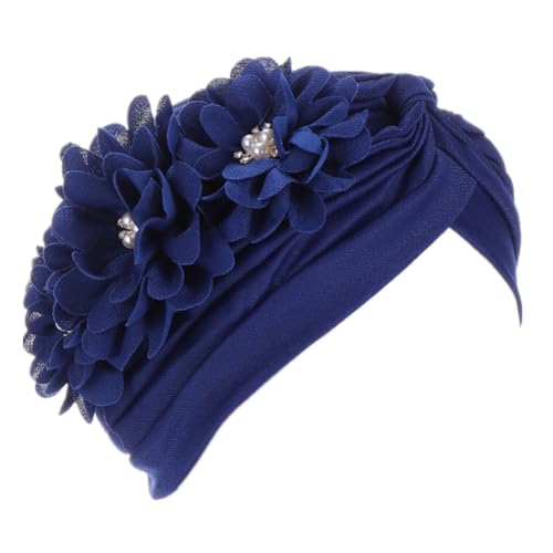 Flower Pre-Tied Turban Beanie, Soft Chemo Cap for Women Cancer Hair Loss - color: Blue
