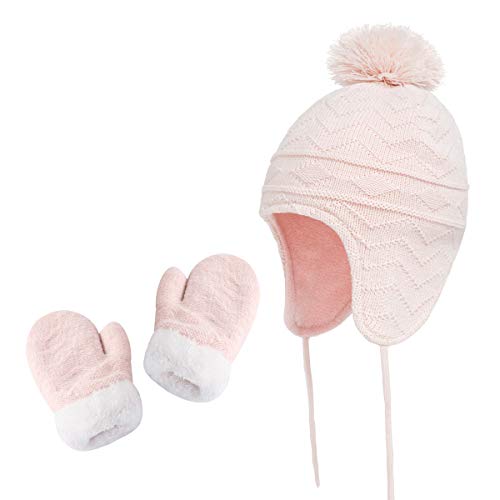 jerague Hats and Gloves Set for Kids Toddler Baby Girls Boys Warm Earflap Beanie Fleece Hats Mittens - color: Pink, size: 1-3T