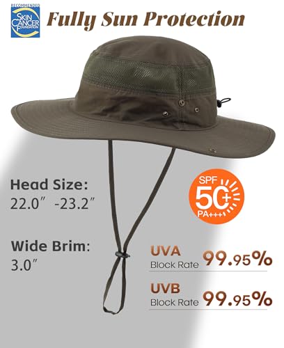 Connectyle UPF 50+ Wide Brim Sun Hat for Men Breathable Cowboy Boonie Hats Outdoor Bucket Hat for Fishing Hiking Safari - color: Army Green