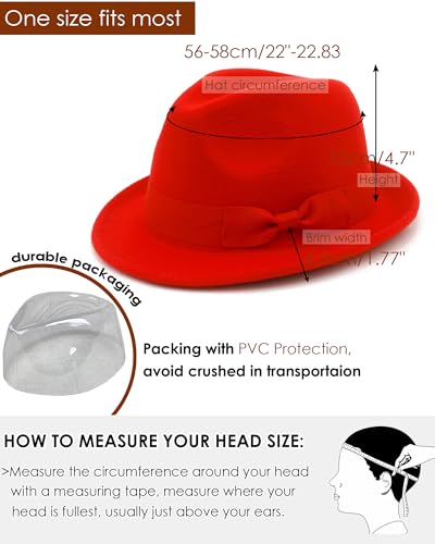 Fedora Hats for Men Women 1920s Short Brim Felt Trilby Hat - color: Red