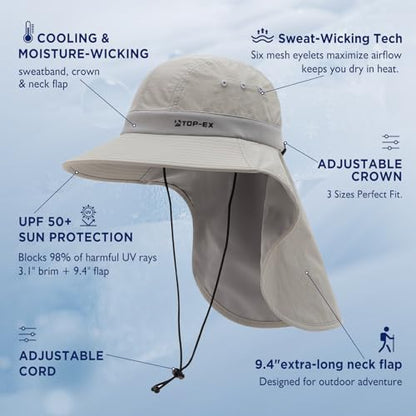 TOP-EX UPF 50+ Cooling Wide Brim Sun Hat for Men with Neck Flap, Packable - color: Light Grey, size: X-Large-XX-Large