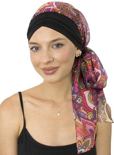 CAPLORD Chemo Headwrap for Women Turban Headwear for Cancer Patients Skull Cap Hair Loss Cover Lightweight Head Covering Hat - color: Black Colorful