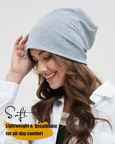 ROYBENS 100% Cotton T-Shirt Beanie for Women Men Slouchy Soft Skull Cap - color: 2pcs-black, Light Grey