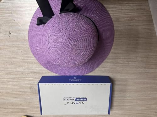 Sun Straw Hat for Women with Wind Lanyard Wide Brim Foldable Beach Summer Hats Womens UV 50+ Protection Bowknot Cap - color: Light Purple