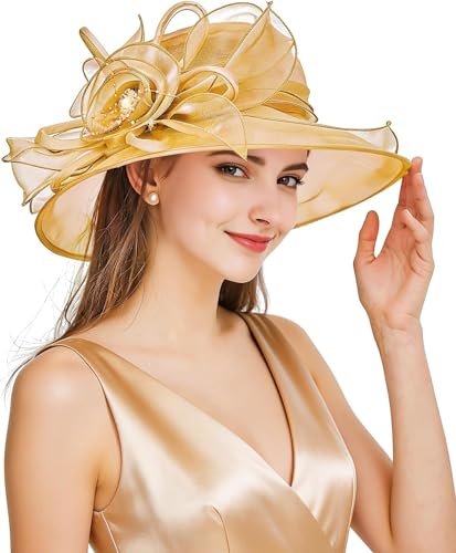 Women Derby Fascinator Hat Organza Church Wedding Hats Wide Brim Cocktail Tea Party Hat - color: 08 Khaki Gold