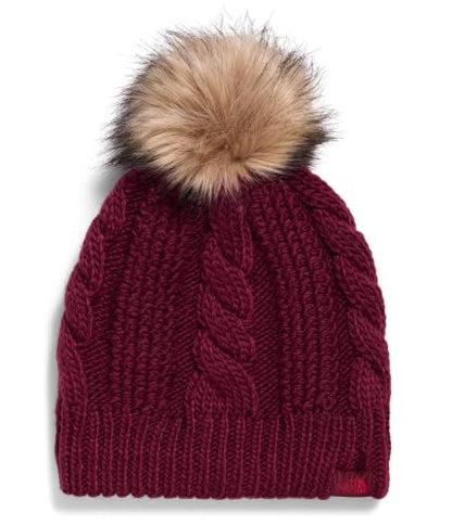 THE NORTH FACE Women's Oh Mega Fur Pom Lined Beanie | Deep Fit, Cuffed Winter Hat With Soft Cable Knit & Fleece Lining - color: Burgundy Crush