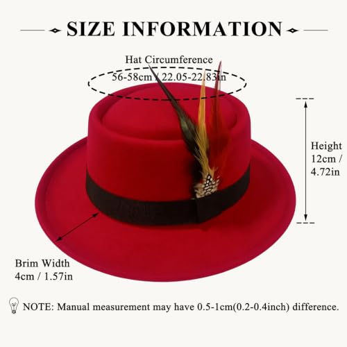 Classic Pork Pie Hat with Feathers Flat Top Fedora, Vintage Panama Hats, Warm Comfortable Jazz Cap - color: Red