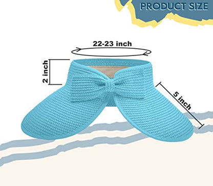 Straw Sun Visor for Women, Wide Brim UPF 50+ Protection Beach Hat, Adjustable, Roll Up Foldable Ponytail Cap with Chin Strap - color: Light Blue