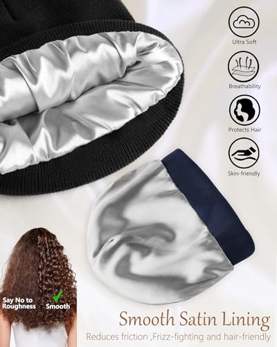 Satin Lined Beanie for Women Men, Cotton Knit Winter Beanies Hat - color: Navy Blue