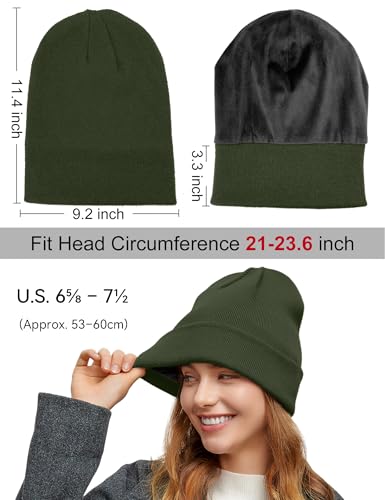 Fleece Lined Wool Beanie Hat Men Women, Warm Cuffed Winter Cap - color: Army Green