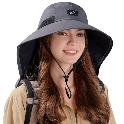 HUAMULAN Women Wide Brim Summer Sun Hat Ponytail Hole with Neck Flap - color: Darkgray With Black Mesh