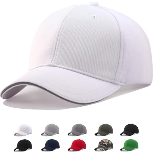TSSGBL Men's Plain Baseball Hat - OSFM & XXL Big Head Fit，Adjustable Structured Ball Cap with Reflective Sandwich Brim - color: White, size: Medium-Large