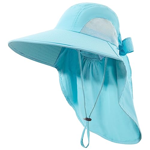 Womens Sun Hat UV Protection, Foldable Waterproof Wide Brim Bucket Hats with Neck Flap for Summer Beach Fishing Hiking - color: Sky Blue