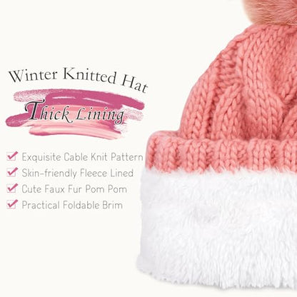 FZ FANTASTIC ZONE Womens Pom Pom Winter Warm Beanie Hat Cap Fleece Lined - color: Pink