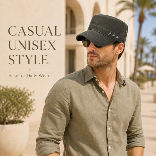 QZUnique Adjustable Flat Top Cap Solid Brim Army Cadet Style Military Hat - color: C- Army Green