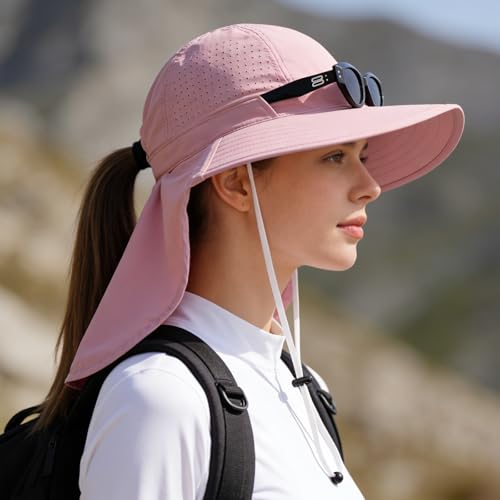 Sun Hats for Men Women with Neck Flap UPF 50+ UV Protection Wide Brim Bucket Hat Safari Hiking Fishing Hats - color: Pink