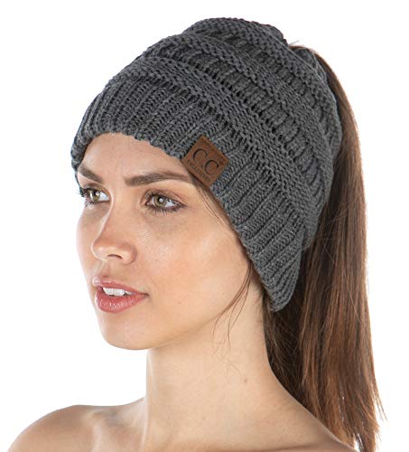 Funky Junque Exclusives Ponytail Beanie for Women – Cable Knit Womens Winter Hat, High Pony Tail Running Beanies - color: Charcoal