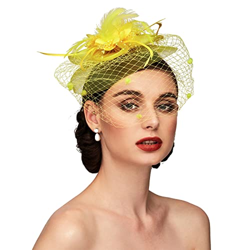 Tea Party Hat Fascinators Hats for Women Vintage Lace Mesh Floral Feather Hair Clip Headband with Veil for Church Wedding - color: Yellow