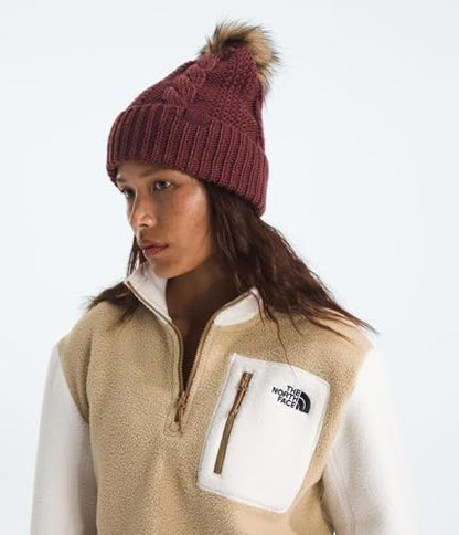 THE NORTH FACE Women's Oh Mega Fur Pom Beanie | Deep Fit Cuffed Winter Hat With Oversized Faux-fur Pom & Cable Detailing - color: Sumac