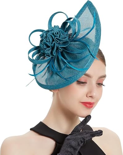 ORIDOOR Women Fascinators Derby Church Tea Party Wedding Flower Feathers Headpiece with Headband Clips - color: 21c Peacock Blue