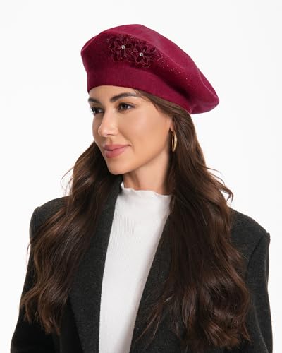 Flower Embroidery Beret Hat for Women, French Style Knitted Beret Hats, Stylish Solid Color Beret Cap for Women Girls Lady - color: Wine Red 2 Flowers