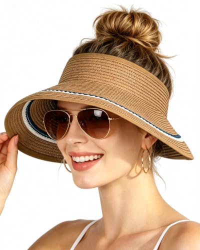 Sun Visor Hats for Women Packable Straw Hat for Travel, UPF 50+Summer Wide Brim Ponytail Beach Hat