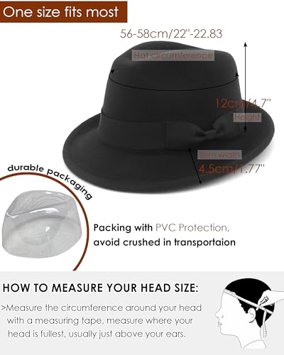 Fedora Hats for Men Women 1920s Short Brim Felt Trilby Hat - color: Black