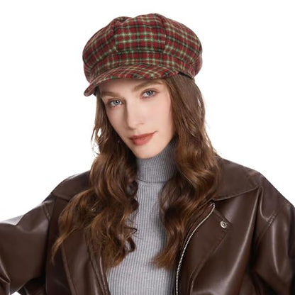 ZLYC Women Classic Newsboy Cap Visor 8 Panel Gatsby Cabbie Paperboy Hat - color: Tartan Red