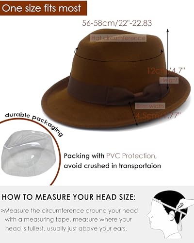 Fedora Hats for Men Women 1920s Short Brim Felt Trilby Hat - color: Coffee
