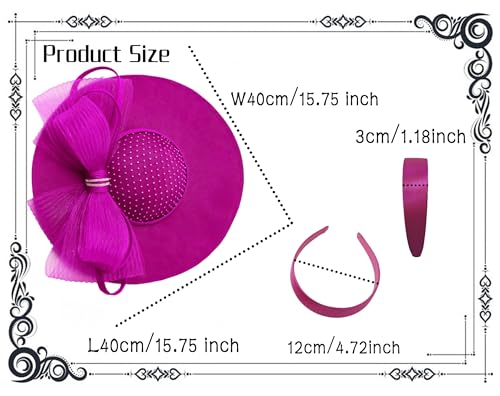 dressfan Wide Brim Fascinator Hats for Women,20s Linen Rhinestones Bow Big Hat for Derby Church Wedding Tea Party - color: Fushia