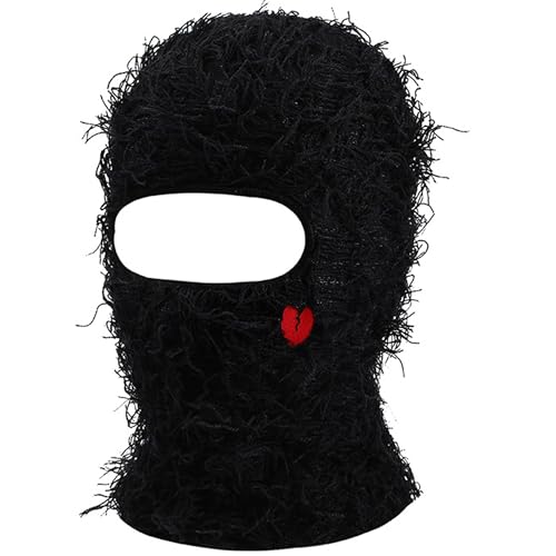 KORADI Women's Balaclava Mens Distressed Tassel Knit Hat Ski Full Face Masks Hats Winter Heart Embroidery Y2k Beanies - color: Black
