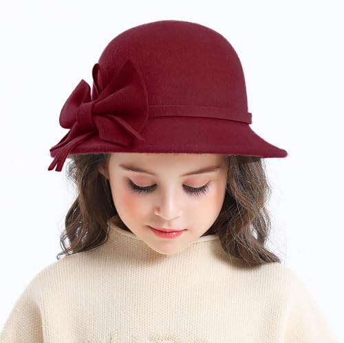 Bienvenu Kids Girls Winter Warm 100% Wool Bucket Hats Fedoras with Bowknot - color: Burgundy
