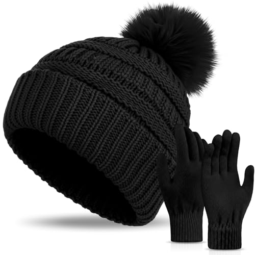 Women's Knitted Beanie Hat Gloves Set Winter Pom Pom Cable Knit Hat with Warm Stretchy Gloves for Women - color: Black