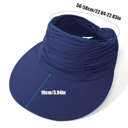 KXF Sun Visors Hat for Women Wide Brim Beach Hat Foldable Visor Hat Cap Ponytail Summer Packable UPF 50+ Adjustable Stretchy - color: Navy