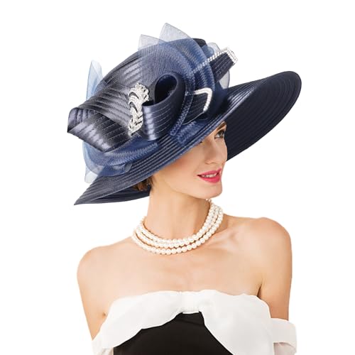 Women Derby Church Dress Fascinator Wide Brim Hats 1920s Vintage Tea Party Wedding Cloche Bowler Hats - color: Navy