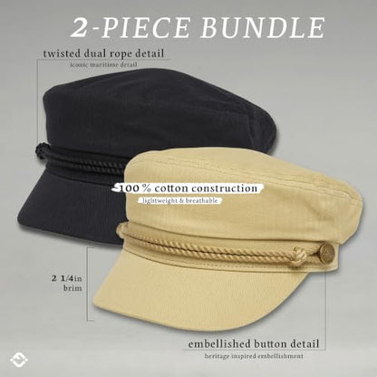 Funky Junque Greek Fisherman Newsboy Cap, Cotton Captains Bakerboy Hat - color: 2 Pack - Black & Khaki