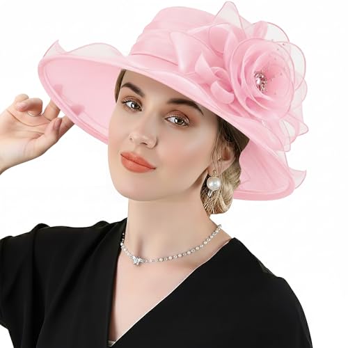 DRESHOW Women Organza Hat Church Cap Hats Clearance Kentucky Derby Cocktail Tea Party Wedding Flower Hat with Wide Brim - color: Flower Hat: Light Pink