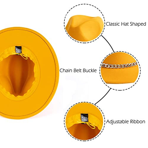 Women Men Wide Brim Fedoran Hat with Chain Belt Buckle - color: Yellow