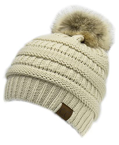 C.C Trendy Fuzzy Fleece Lined Warm Comfortable Soft Stretch Cable Knit Ribbed Faux Fur Pom Pom Beanie Hat - color: Beige