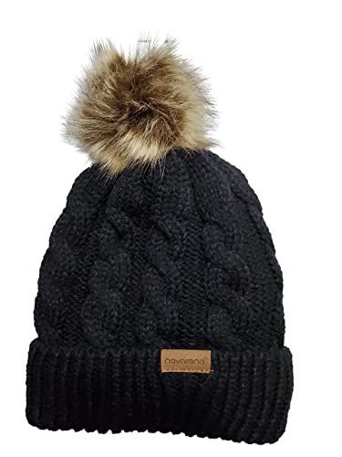 Novarena Thick Cable Knit Faux Fuzzy Fur Pom Fleece Lined Skull Cap Cuff Beanie - color: Black Pom Beanie