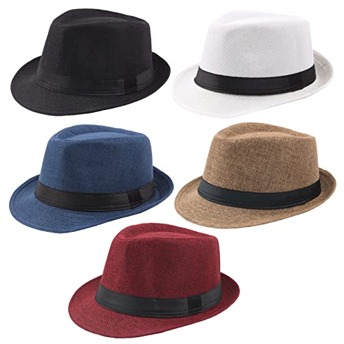 Ultrafun 5 Pack Short Brim Fedora Classic Summer Beach Sun Hat Panama Cap for Men Women - color: 5pack-black+white+khaki+blue+wine Red, size: Large