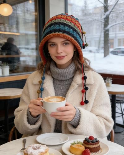 MINGSEECESS Women Girls Knitted Beanie Hat Crochet Braided Knit Warmer Cap Skiing Snowboarding Ear Flap Hats - color: Blue-red