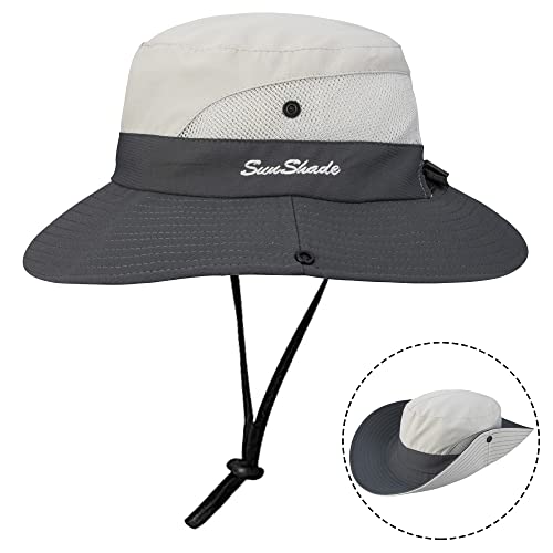 Women's Outdoor-UV-Protection-Foldable-Sun-Hats-Wide-Brim Hat Ponytail-Hole - color: Beige/Grey