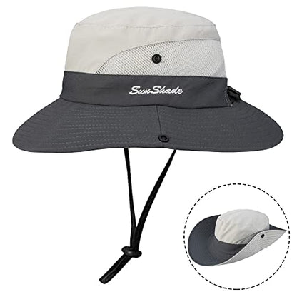 Women's Outdoor-UV-Protection-Foldable-Sun-Hats-Wide-Brim Hat Ponytail-Hole - color: Beige/Grey