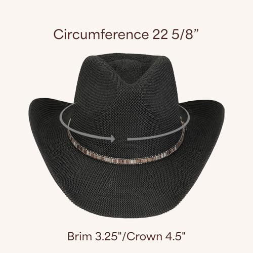 C.C Knitted Cowboy Hat for Women Lightweight Woven Western Hat with Multicolor Trim Band, Wide Brim Summer Sun Hat - color: Black
